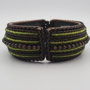 Handwoven Brown and Lime Green Beaded Clamp Bangle Bracelet Copper Tone Brass